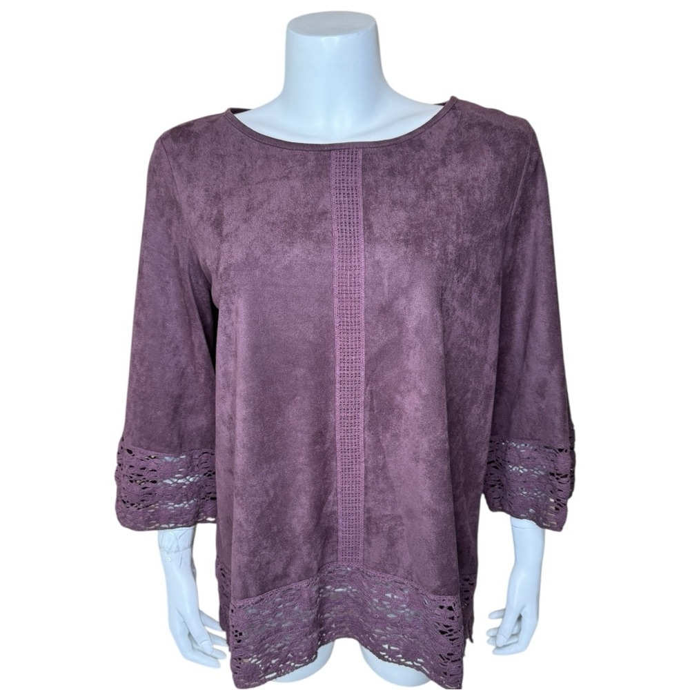 Soft Surroundings Susina Faux Suede Top Tunic M Crochet Lace Trim Plum Purple
